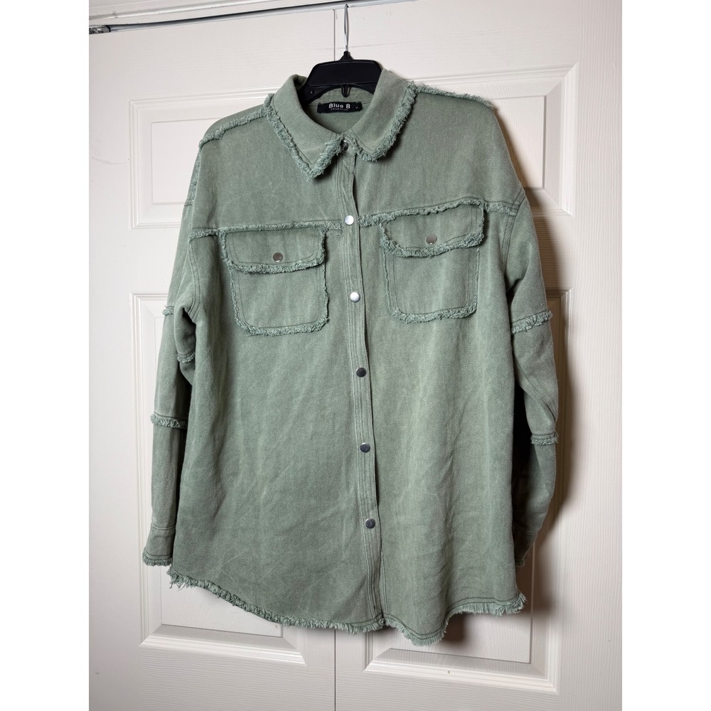 Blue B Collection Sage Green Smiley Face Butterfly Frayed Denim‎ Shacket   M - Picture 2 of 10